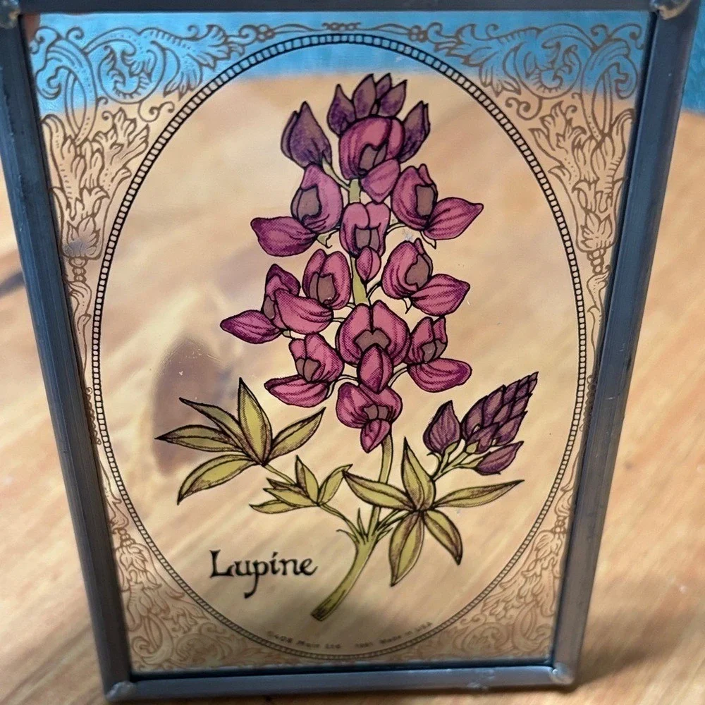 Vintage Lupine Floral Art Painted‎ Glass Sun Catcher w/ Metal Border 5.25